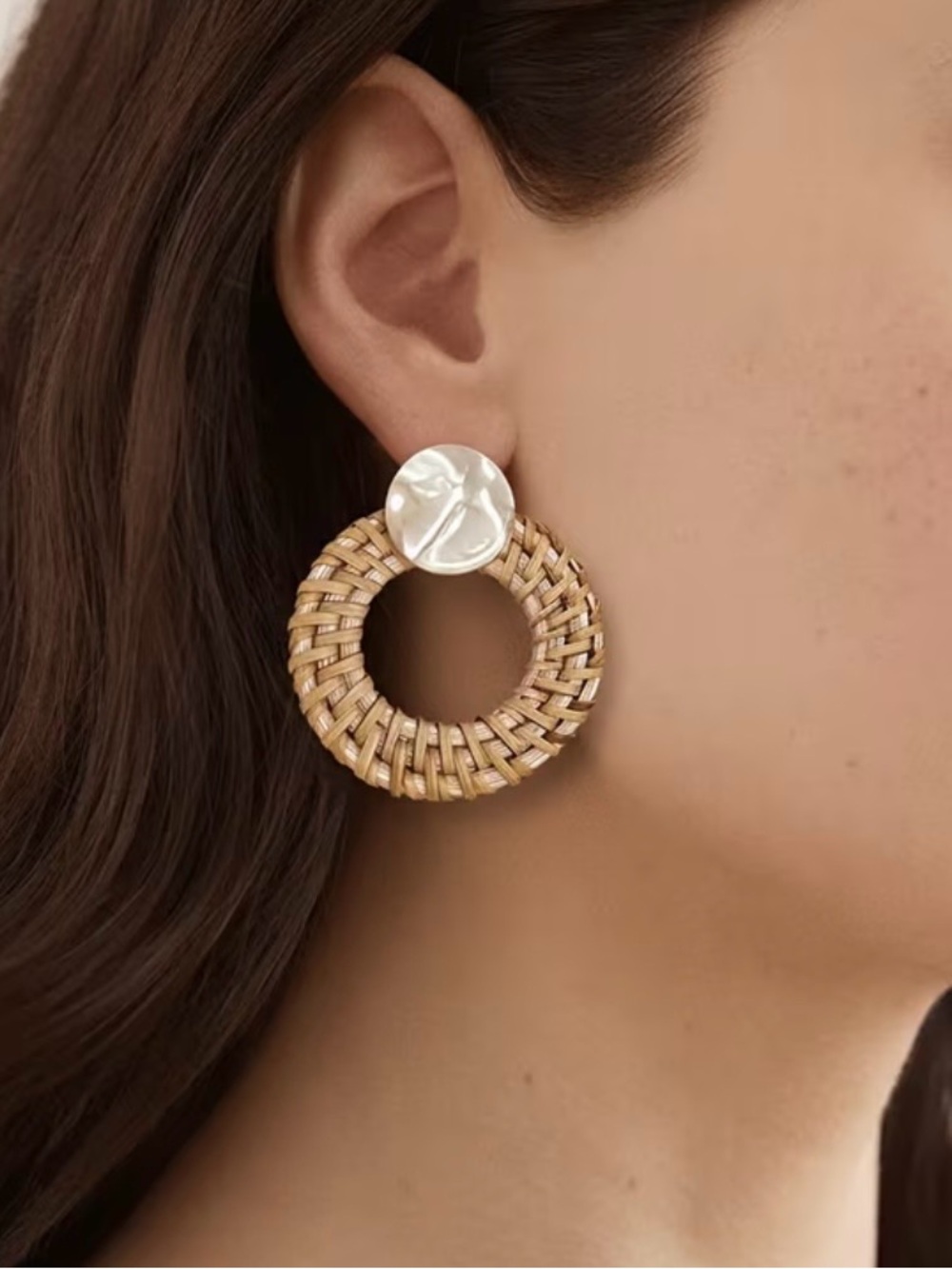 NEW Woven Hoop Drop Earrings with Acrylic Pearl Accent